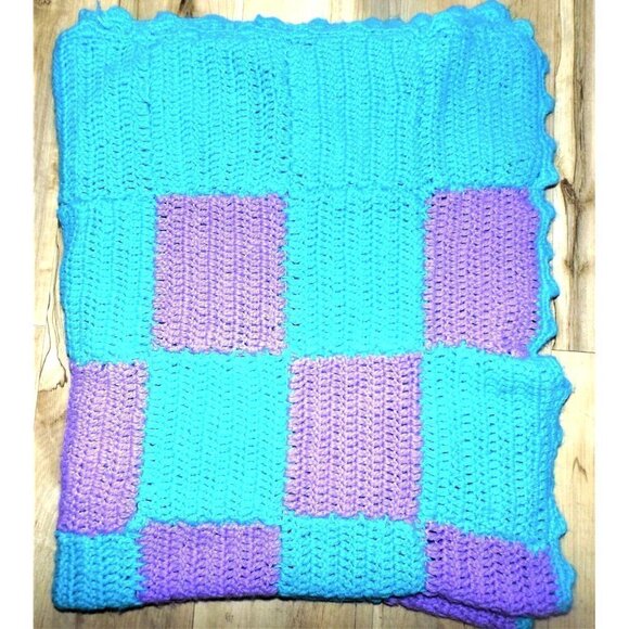 Handmade turquoise and lavender acrylic afghan throw lap blanket 38 X 48 inches - Picture 3 of 3